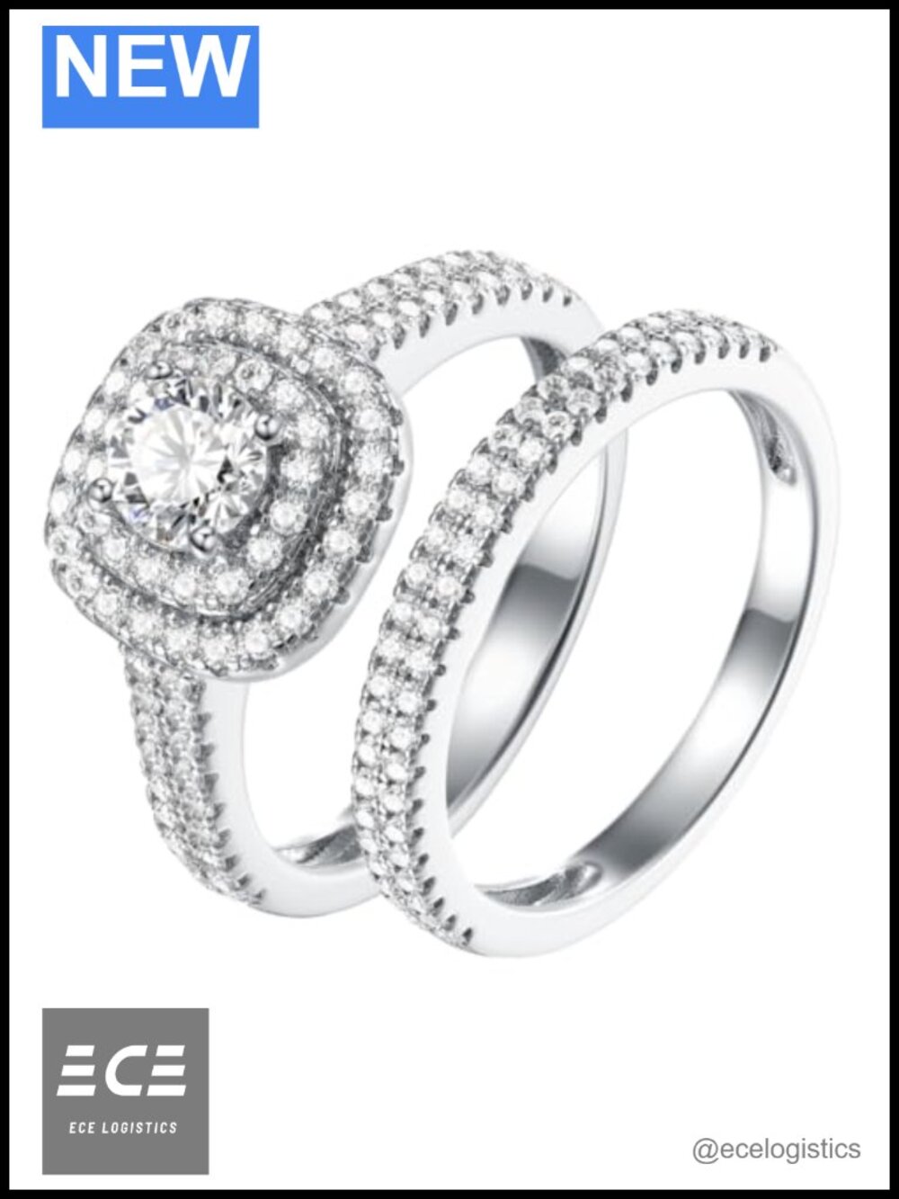 925 Sterling Silver CZ Double Halo Wedding Ring Set Engagement Bridal Rings